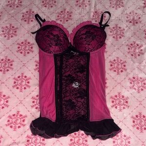 Elegant Lace Trim Pink and Black Chemise